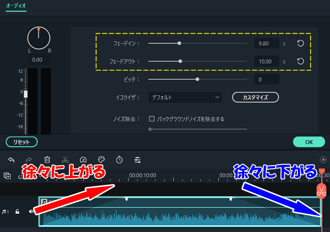 【Filmora(フィモーラ)】音量を徐々に大きくしたり小さくする方法②